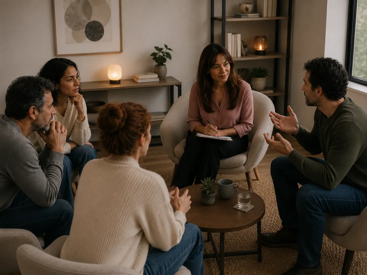 Grupo de adultos compartiendo en un encuentro terapéutico acogedor