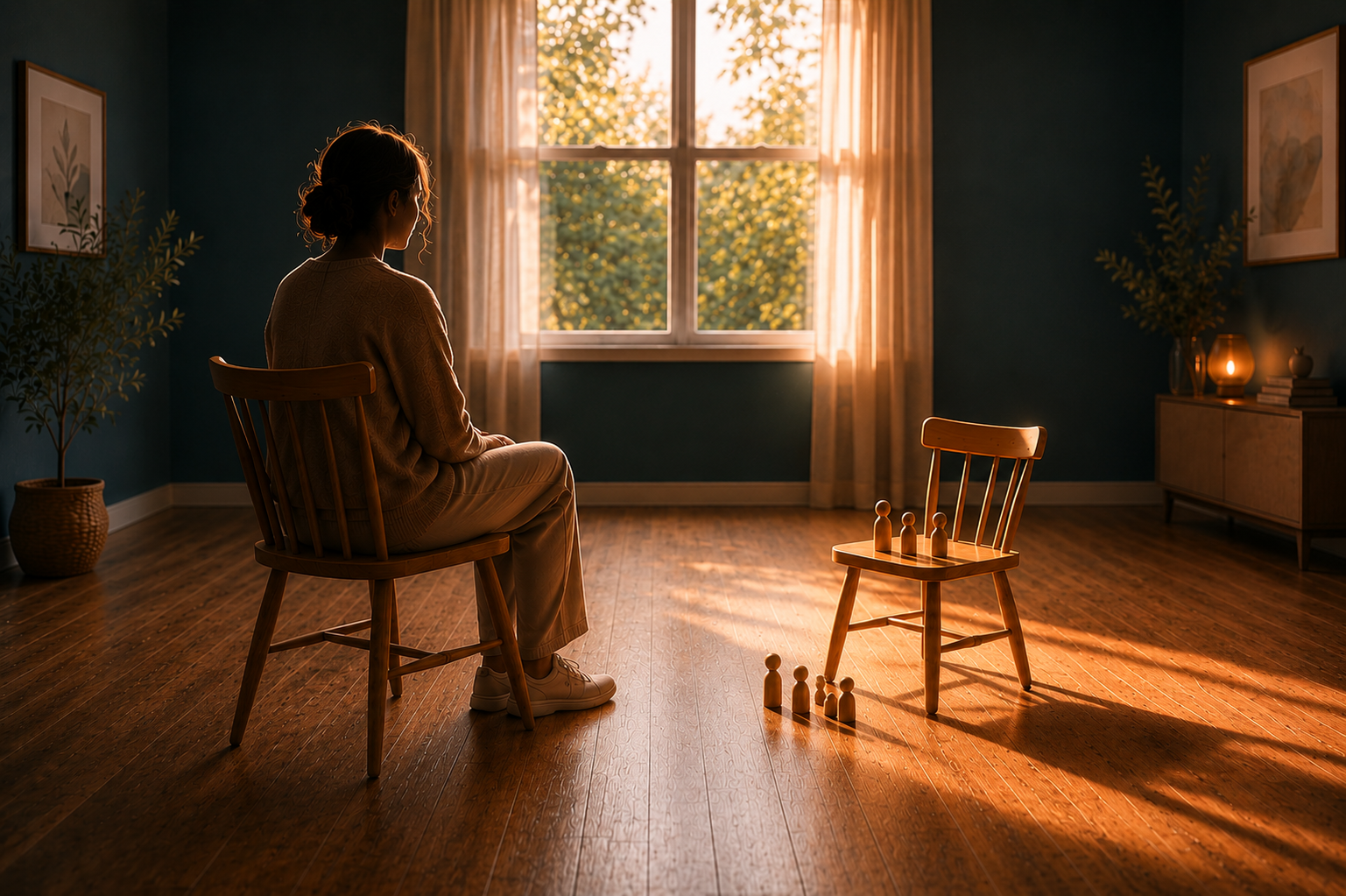 Mujer sentada en una sala cálida frente a una silla vacía con figurillas familiares, símbolo del acompañamiento terapéutico en procesos de vínculo parental
